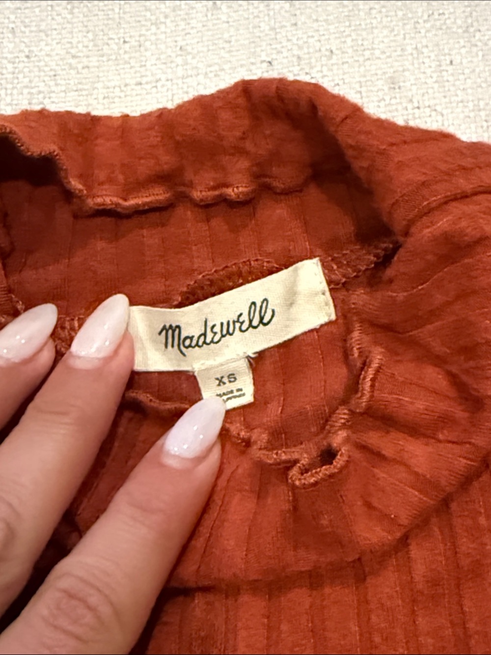 Madewell Rust Ruffled Mock-Neck Ribbed Long-Sleeve Top - Picture 4 of 4